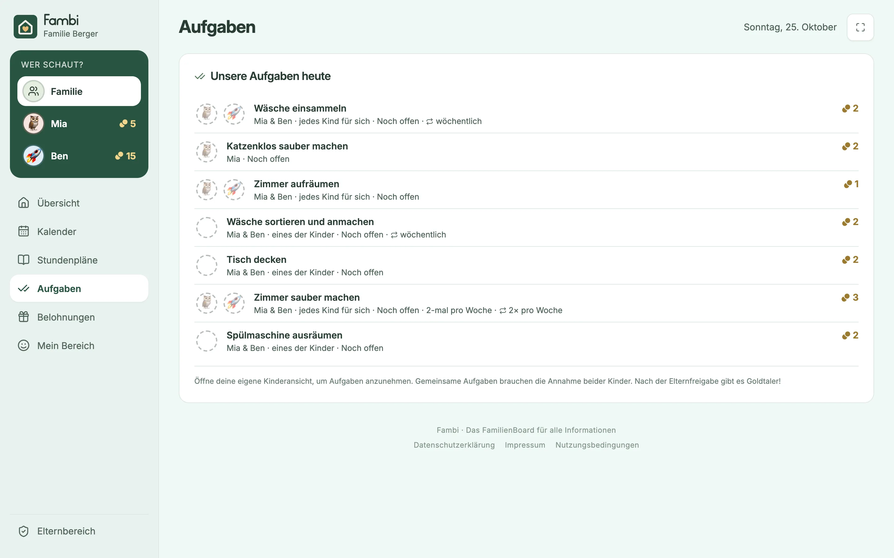 Die Aufgaben der Kinder mit den erledigten und offenen Aufgaben