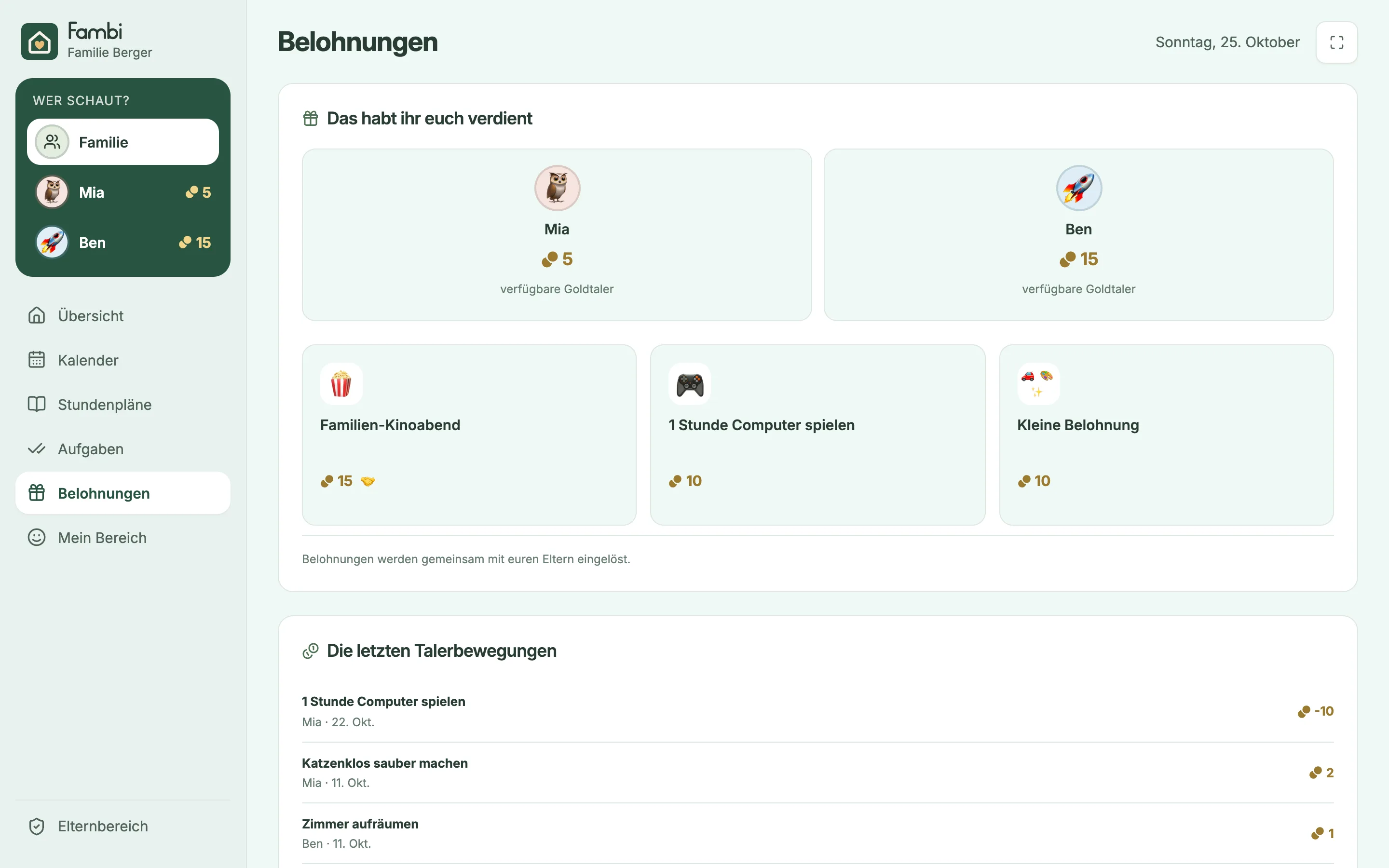 Die Belohnungen mit den Wünschen der Kinder und ihren gesammelten Goldtalern