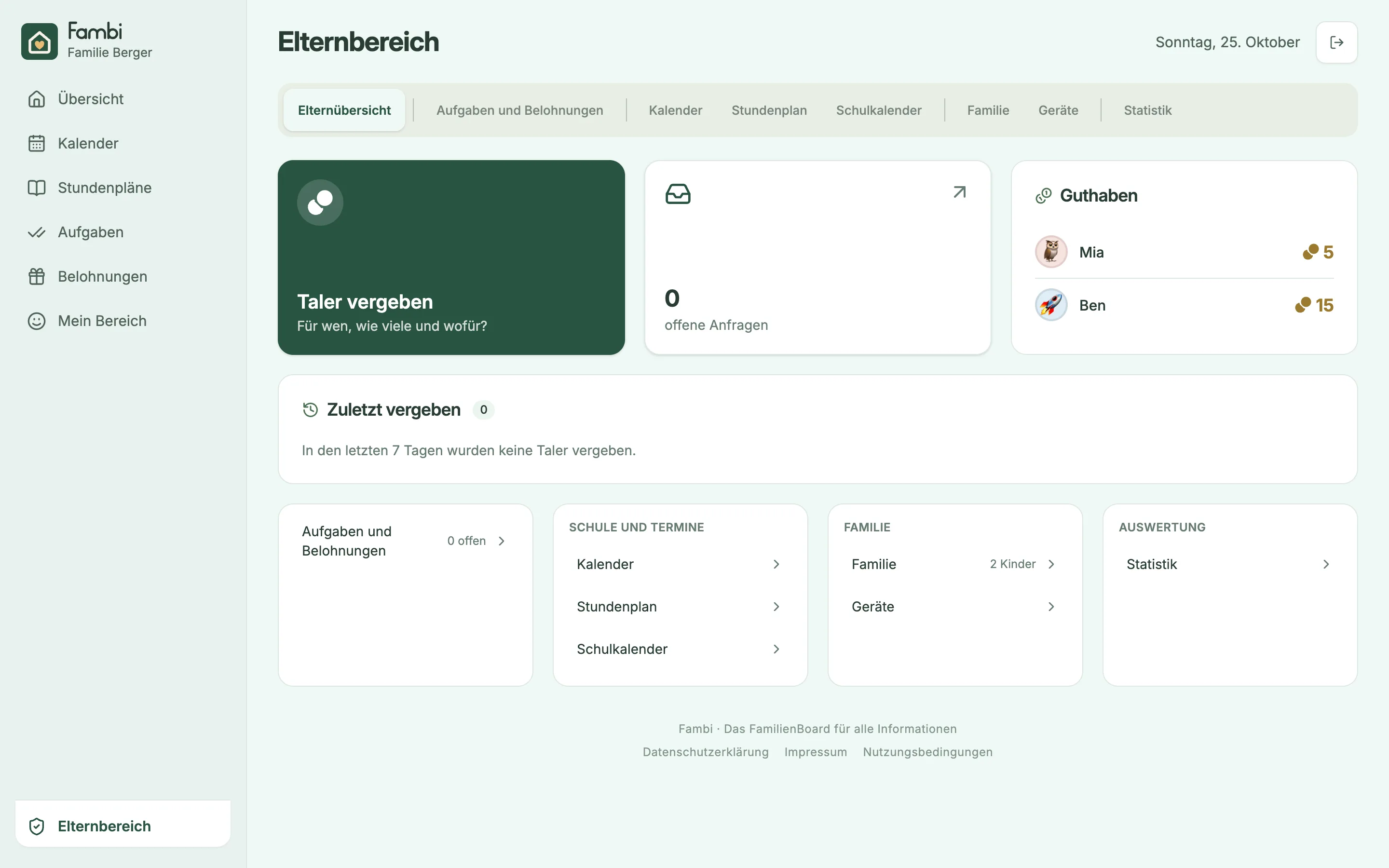 Der Elternbereich mit den Aufgaben zum Freigeben und den Talern der Kinder
