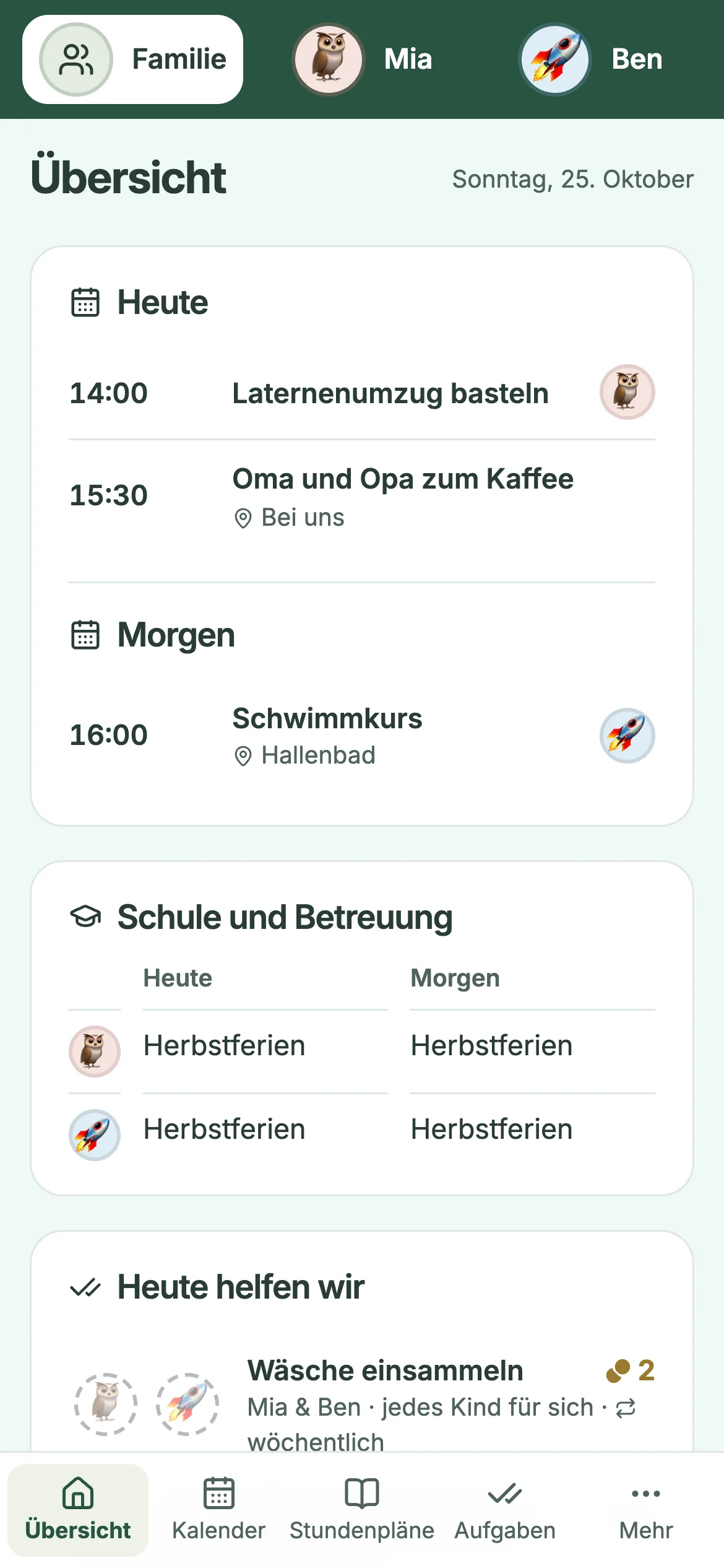Fambi auf dem iPhone mit den Terminen und Aufgaben des Tages