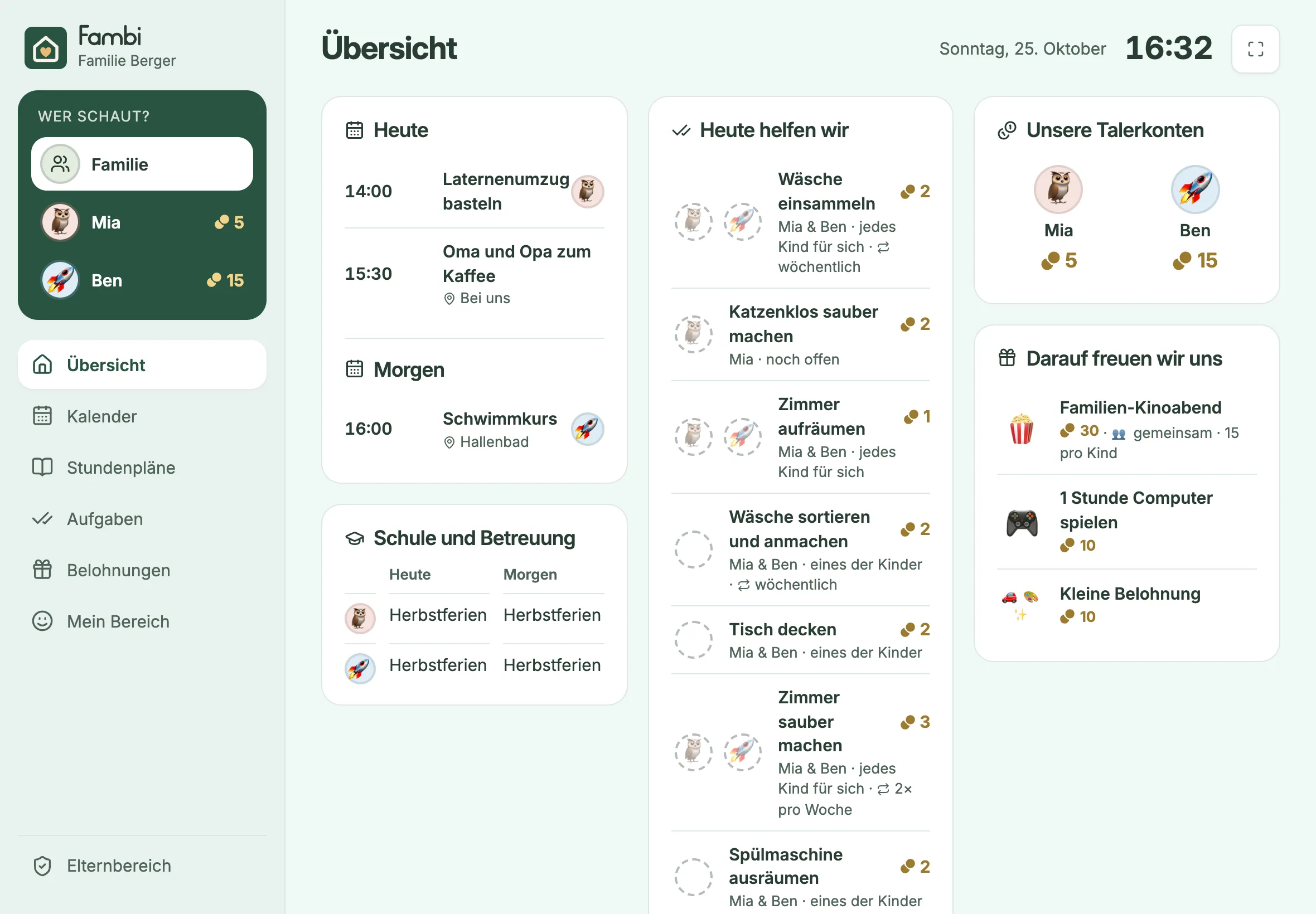 Fambi als Familiendisplay auf dem iPad mit der Übersicht des Tages